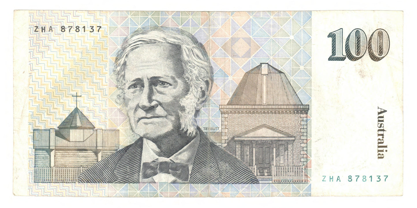 Australian 1990 100 Dollar Fraser Higgins Banknote s/n ZHA 878137 - Circulated