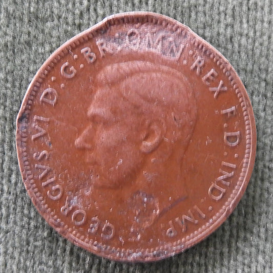 Australian 1943 1/2d Half Penny King George VI Coin - Damaged