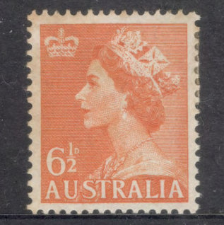Australian 1956 6 1/2d Orange Queen Elizabet II Stamp - PERF: 15 x 14