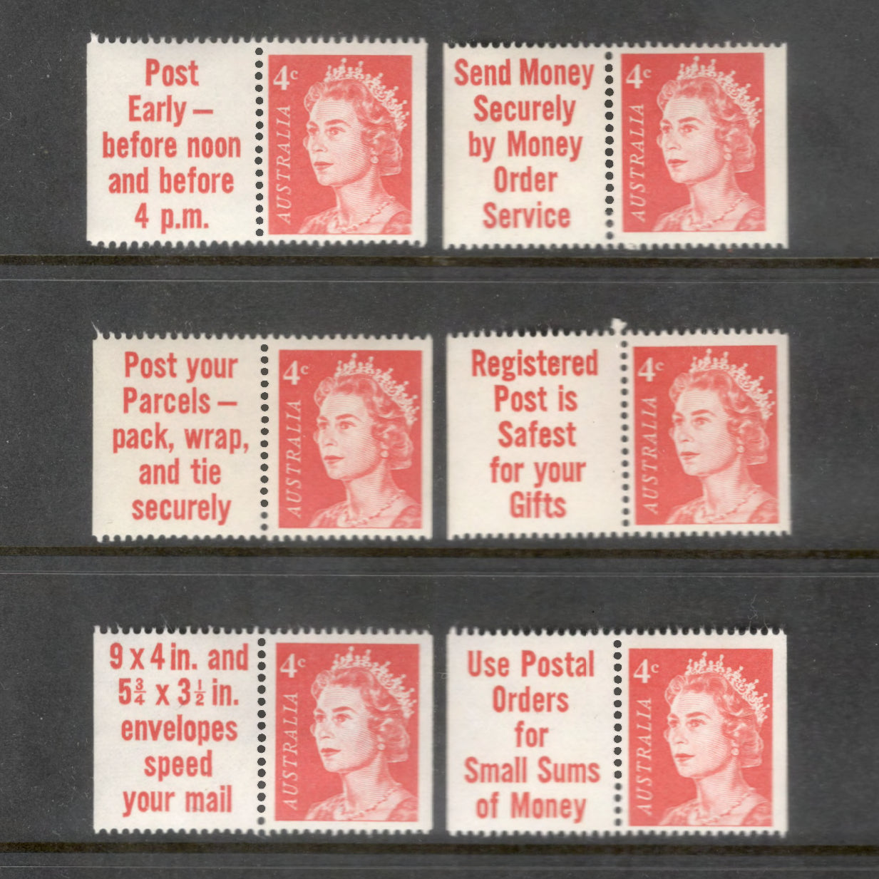 Australian 1966 4 Cent Red QEII Booklet Pair Set of 6 Stamps