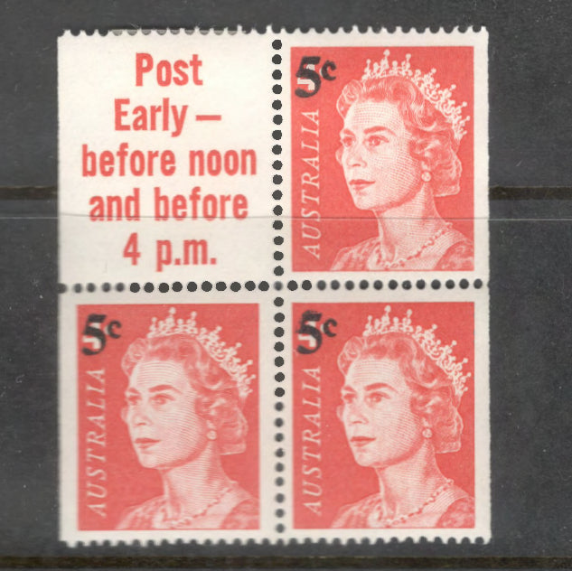 Australian 1967 4 Cent Red QEII Booklet Pair With 5 Cent Overprint (Block)