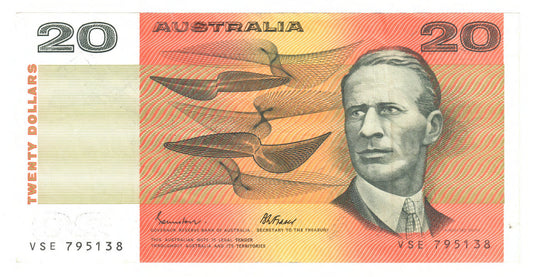 Australian 1985 20 Dollar Johnston Fraser Banknote s/n VSE 795138- Circulated