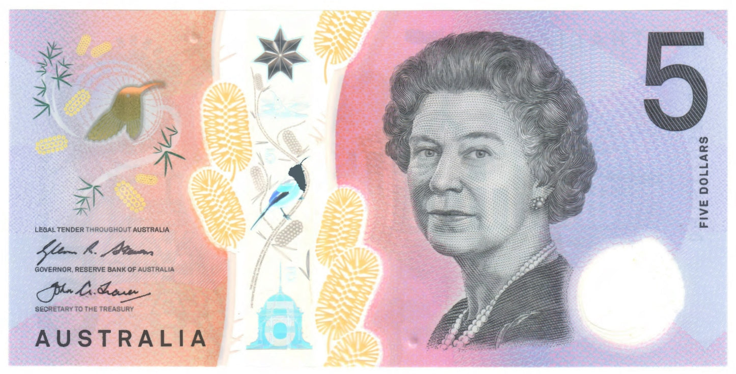 Australian 2016 5 Dollar Stevens Fraser Polymer Banknote s/n DG 161765838 - Circulated