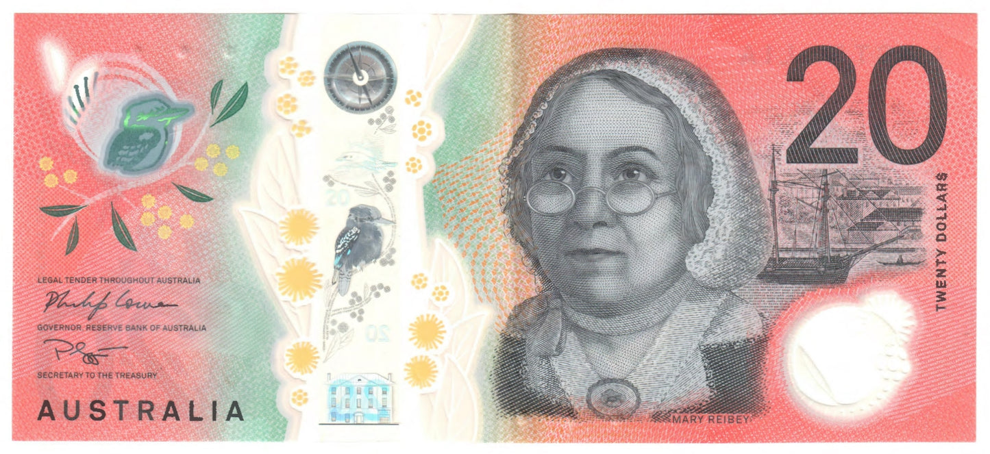 Australian 2019 20 Dollar Lowe Gaetjens Polymer Banknote s/n AA 193395484 - Circulated