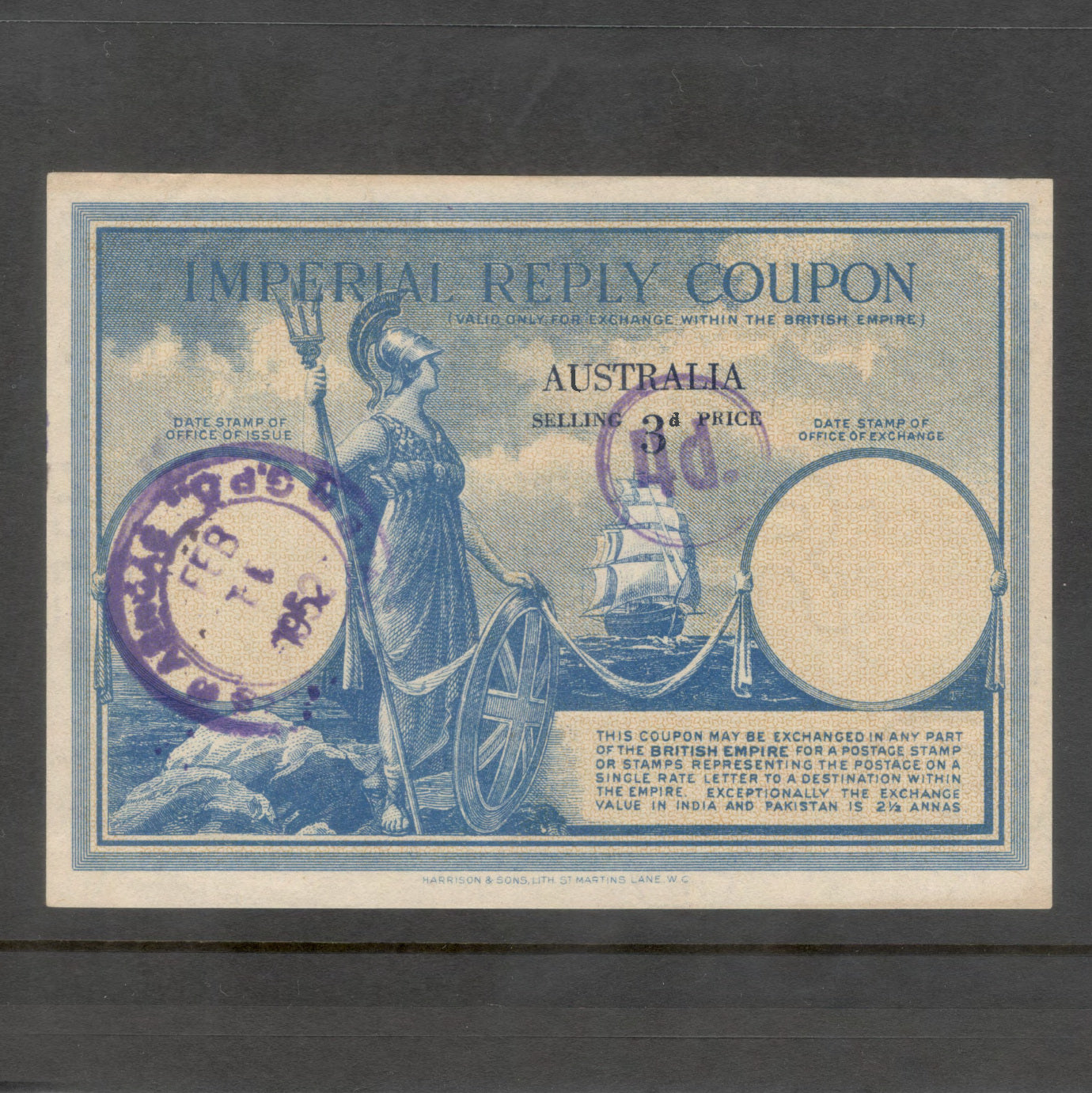 Australian 3d (4d Overprint) Imperial Reply Coupon Issued Sydney GPO Issued FEB-11-1952
