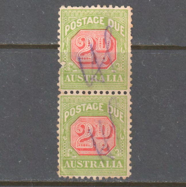 Australia 2d Green Postage Due CofA Watermark Vertical Stamp Pair - Cancelled