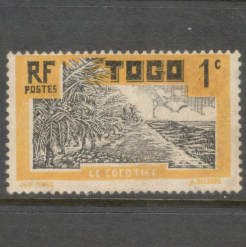 Togo 1924 1 Centime Yellow / Black Palm Trees Stamp - Perfin: 14.0x13.5
