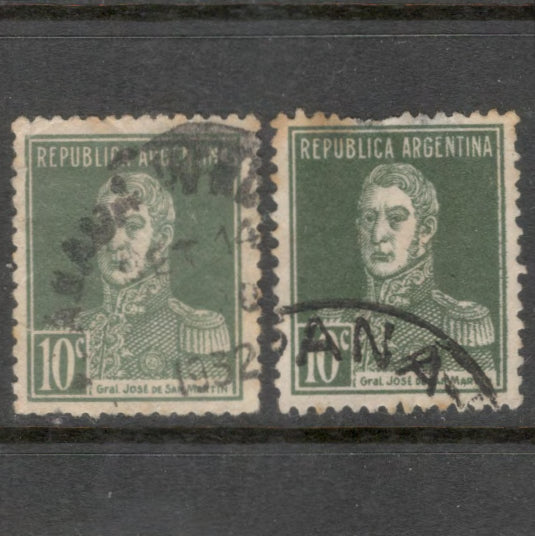 Argentina 1927 - 1930 10 Centavo Olive Green Definitive Issues Personalities General San Martin Stamp - Perf: 13.0x12.5
