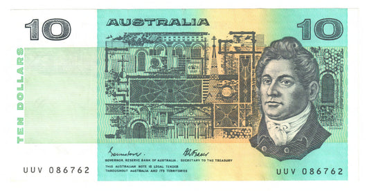 Australian 1985 10 Dollar Johnston Fraser Banknote s/n UUV 086762 - Circulated
