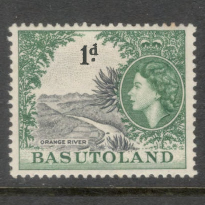 Basutoland 1954 1d Green / Black Queen Elizabeth Stamp - Perfin: 13.5