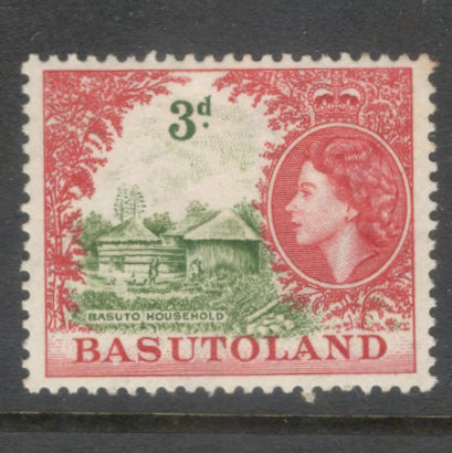 Basutoland 1954 3d Carmine / Olive Green Queen Elizabeth Stamp - Perfin: 13.5