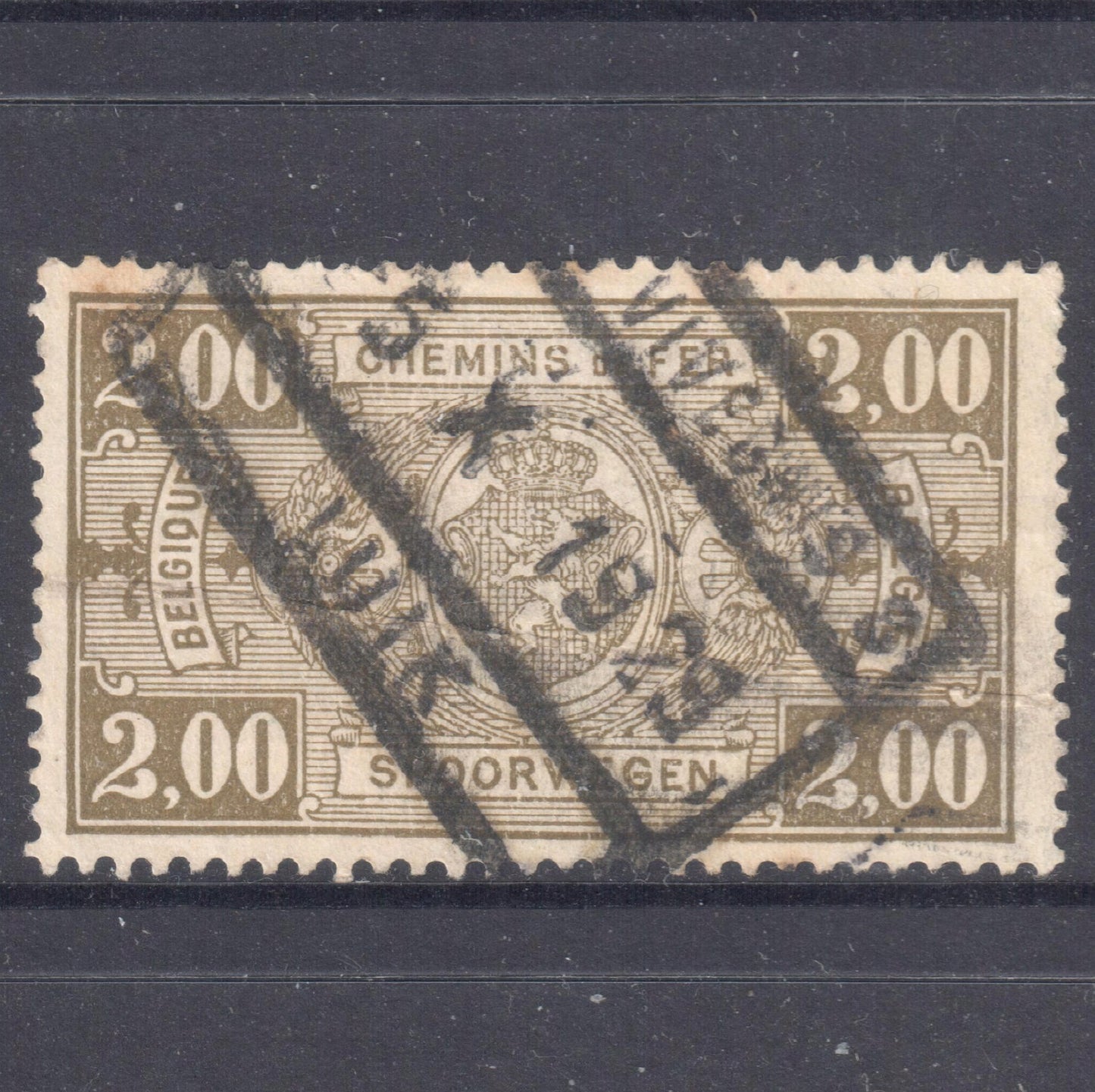 Belgium 1923 - 24 2.00 Franc Brownish Olive Railway Postage Stamp - Perfin:14