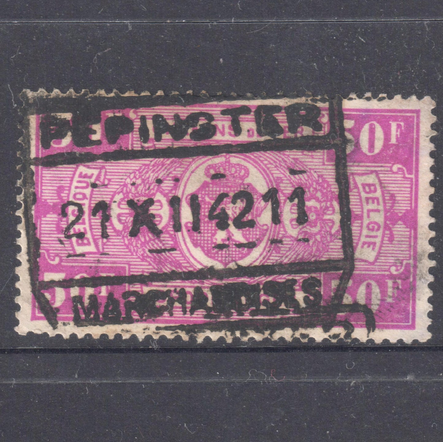 Belgium 1941 50 Frac Purple Railway Postage Stamp - Perfin:14