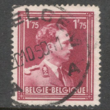 Belgium 1950 1.75 Franc Purple Red King Leopold Stamp - Perfin: 14.0x13.5