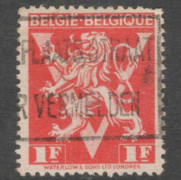 Belgium 1944 1 Franc Red Lion Stamp - Perfin: 11.0