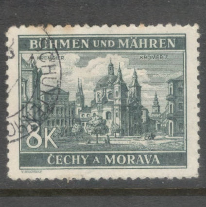 Bohemia and Moravia 1940 8 Koruna Greenish Grey Local Motifs Stamp - Perfin: 12.5