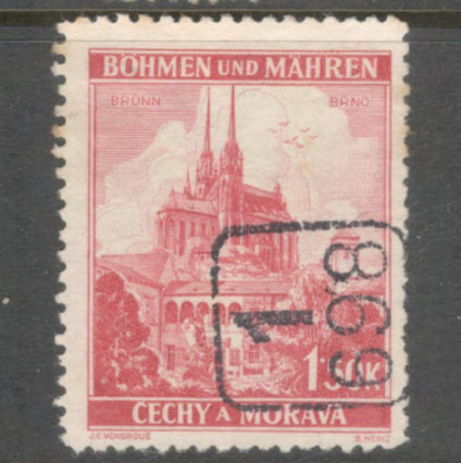 Bohemia and Moravia 1939 1.50 Koruna Carmine Local Motifs Stamp - Perfin: 12.5