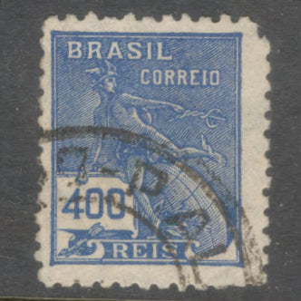 Brazil 1940 - 1941 400 Reis Ultramarine Economy and Culture on Thick Paper Stamp - Perfin: 11.0