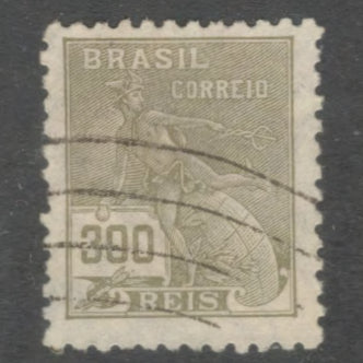 Brazil 1936 - 1938 300 Reis Olive Economy and Culture Stamp - Perfin: 11.0