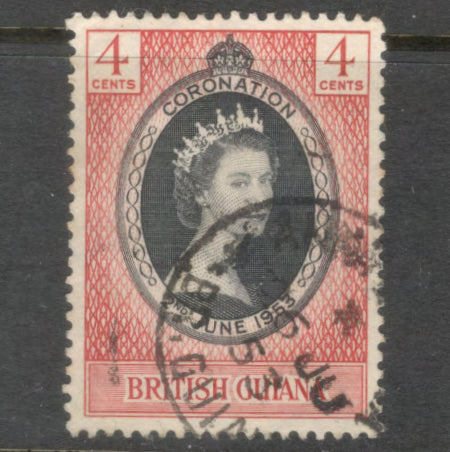 British Guiana 1953 4 Cent Red / Black Queen Elizabeth II Coronation Stamp - Perfin: 13.5x13.0