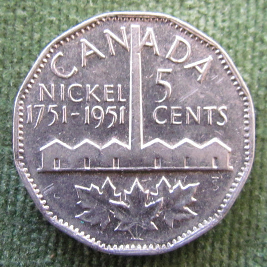 Canada 1951 5 Cent Bicentennial Queen Elizabeth II Coin - Circulated