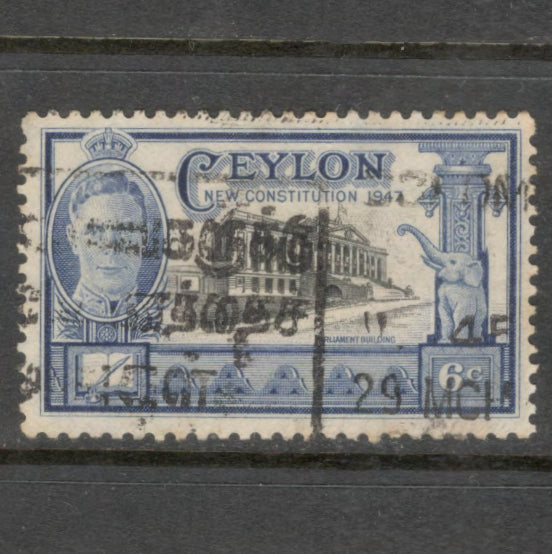 Ceylon 1947 6 Cent Ultramarine / Black King George VI Local Motives Stamp - Perfin: 11.0x11.75