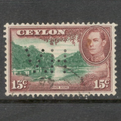 Ceylon 1938 - 1949 15 Cent Reddish Brown / Green King George VI Local Motives Stamp - Perfin: 11.5x11.0
