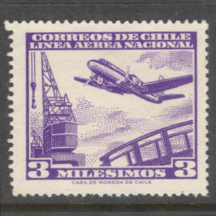 Chile 1960 -1961 3 Milesimos Violet Stamp - Perfin: 14.0