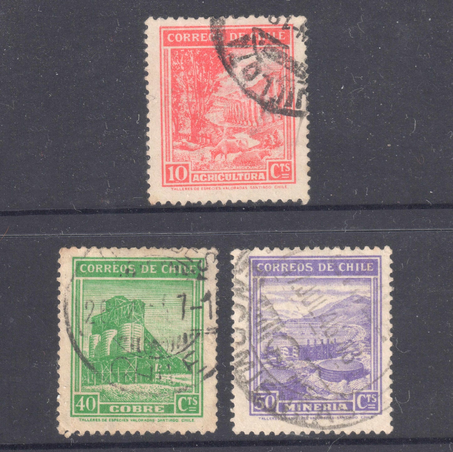 Chile 1938 - 1940 10, 40 & 50c Local Motives Stamps - Cancelled