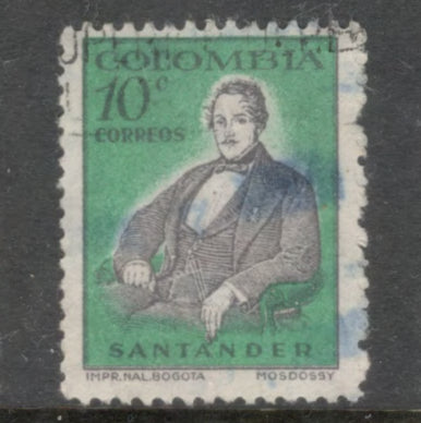 Columbia 1949 10 Centavos Black / greenish Blue Local Motifs Stamp - Perfin: 13.0x12.5