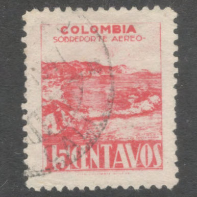 Columbia 1945 15 Centavos Red Airmail Local Motifs Stamp - Perfin: 11.0