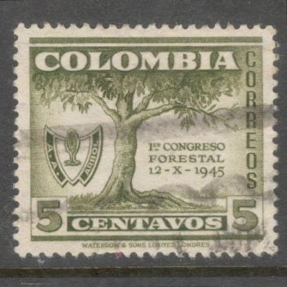 Columbia 1949 5 Centavos Olive Green 1st Forestry Congress Bogota Stamp - Perfin: 12.5