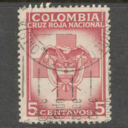 Columbia 1947 - 1948 5 Centavos Purple Red, Red Cross Stamp - Perfin: 12.5