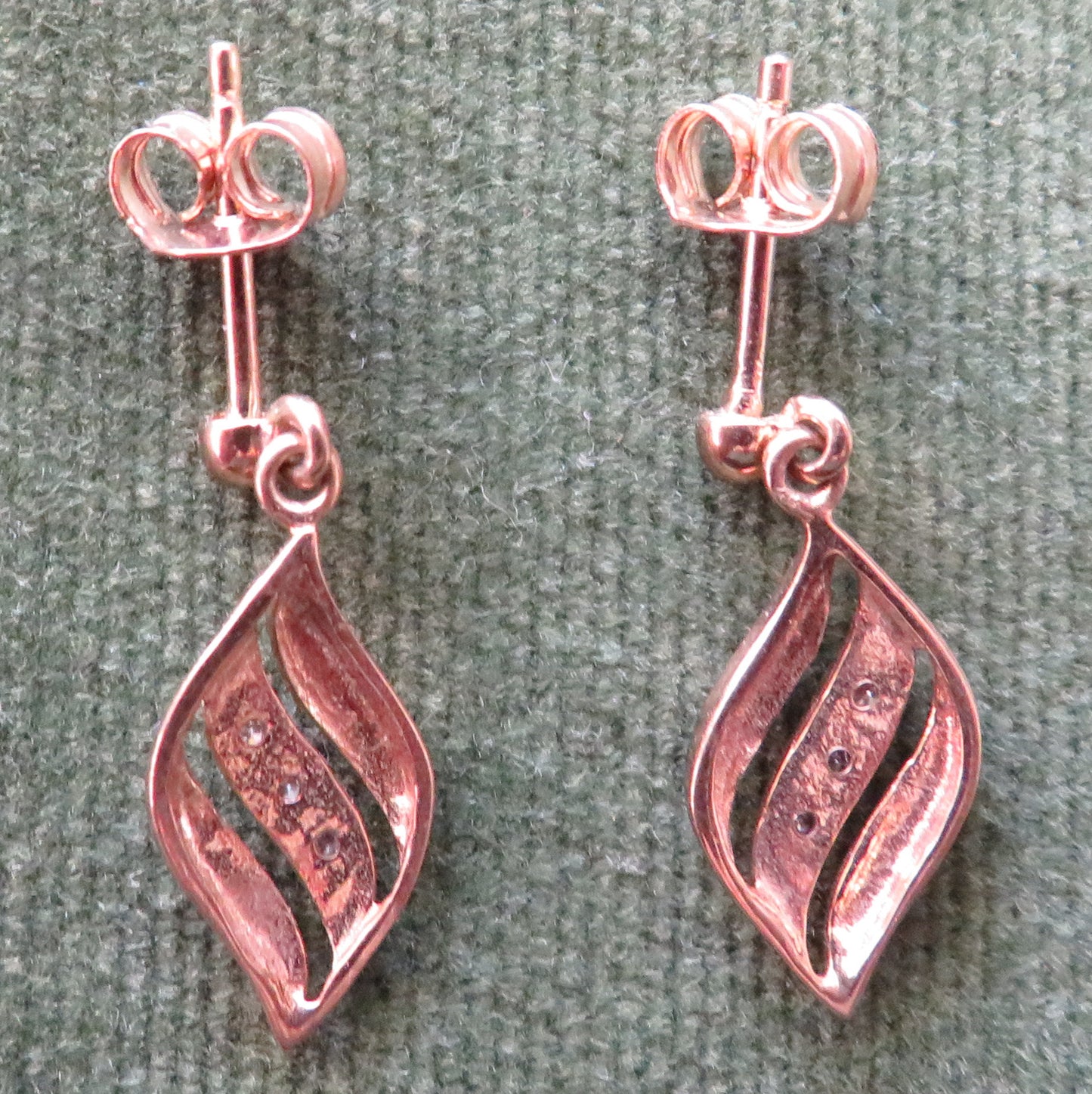 9ct Gold Leaf Shaped Earrings Set With Diamond Chips For Pierced Ears