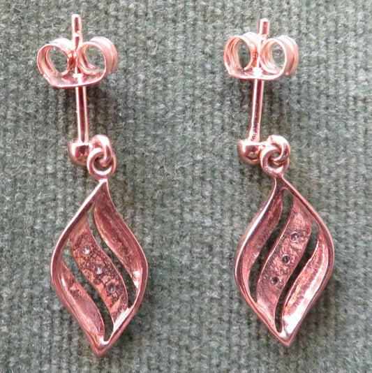 9ct Gold Leaf Shaped Earrings Set With Diamond Chips For Pierced Ears