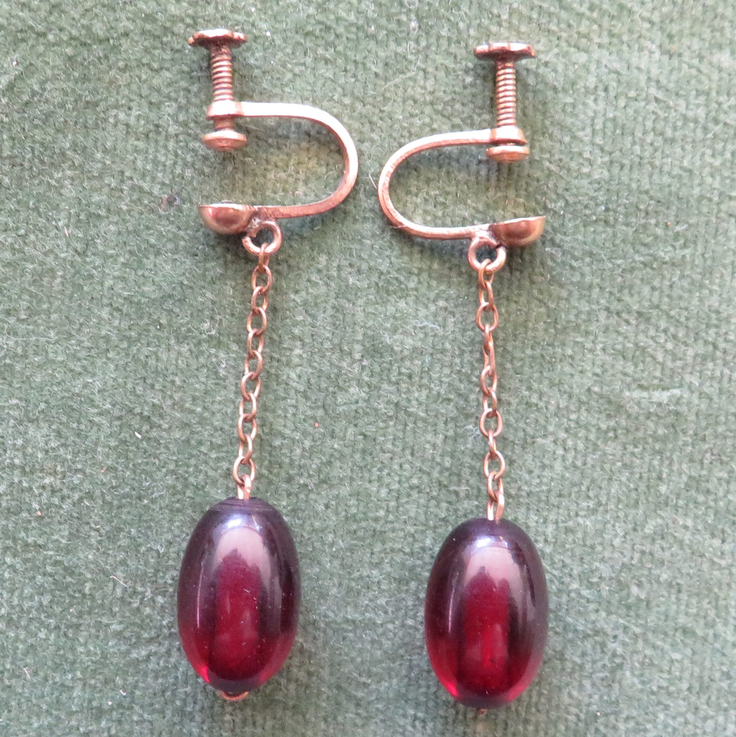 Gold Plated Bakelite Coffee Bean Screw Earrings Suspended On Chain