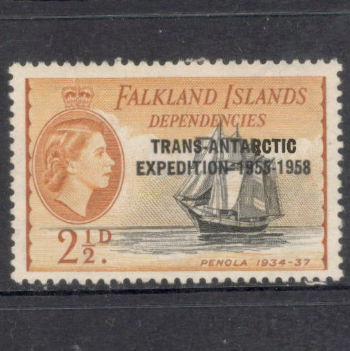 Falkland Islands Dependencies 1955 2 1/2d 2 1/2 Pence Orange / Black Ships Transatlantic Antarctic Expedition Stamp - Perfin: 13.0x12.5