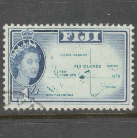 Fiji 1962 - 1967 1/- 1 Shilling Blue Queen Elizabeth II Local Motifs Stamp - Perfin: 11.5