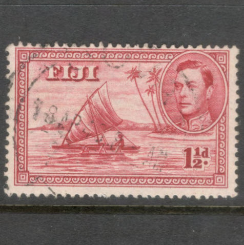 Fiji 1942 1 1/2d Dark Carmine King George VI Local Motifs Stamp - Perfin: 13.5