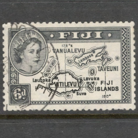 Fiji 1954 - 1956 6d Black Queen Elizabeth II Local Motifs Stamp - Perfin: 12.0