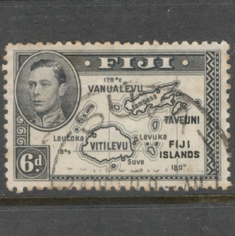 Fiji 1938 - 1950 6d Black King George VI Local Motifs With 180 Inscription Stamp - Perfin: 12.0