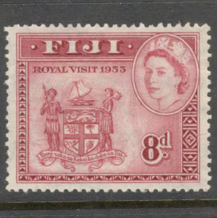 Fiji 1953 8d Dark Carmine Royal Visit Issue of 1938 but with Portrait of Queen Elizabeth II and Overprinted ROYAL VISIT 1953 Stamp - Perfin: 13.0