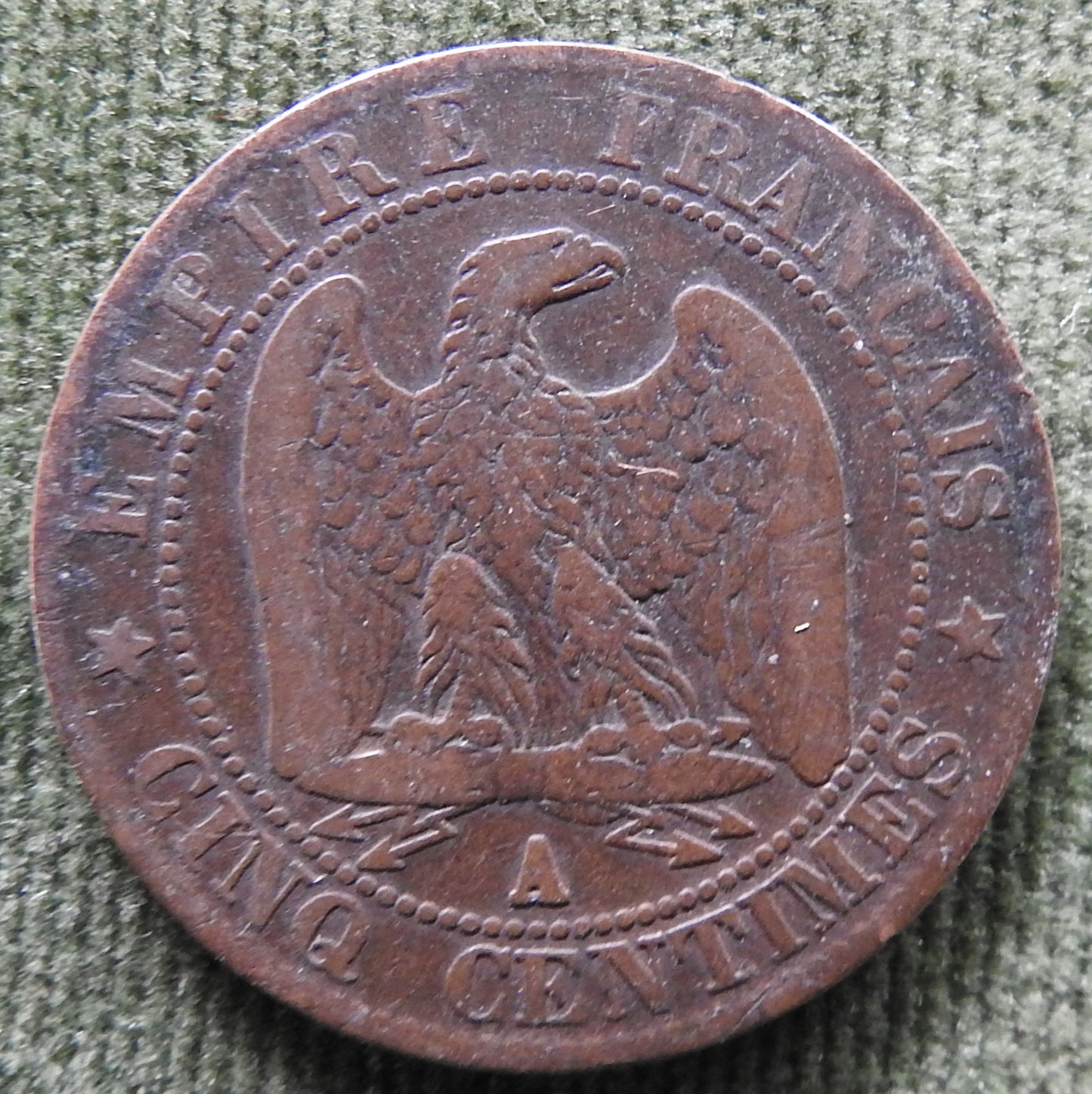 French 1856 A 5 Centimes Napoleon III Coin - Circulated