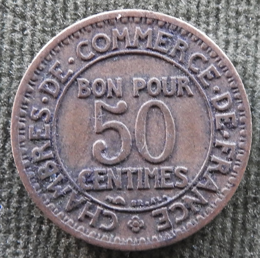 French 1921 50 Centimes Chamber Of Commerce Coin - Commerce Industrie Coin