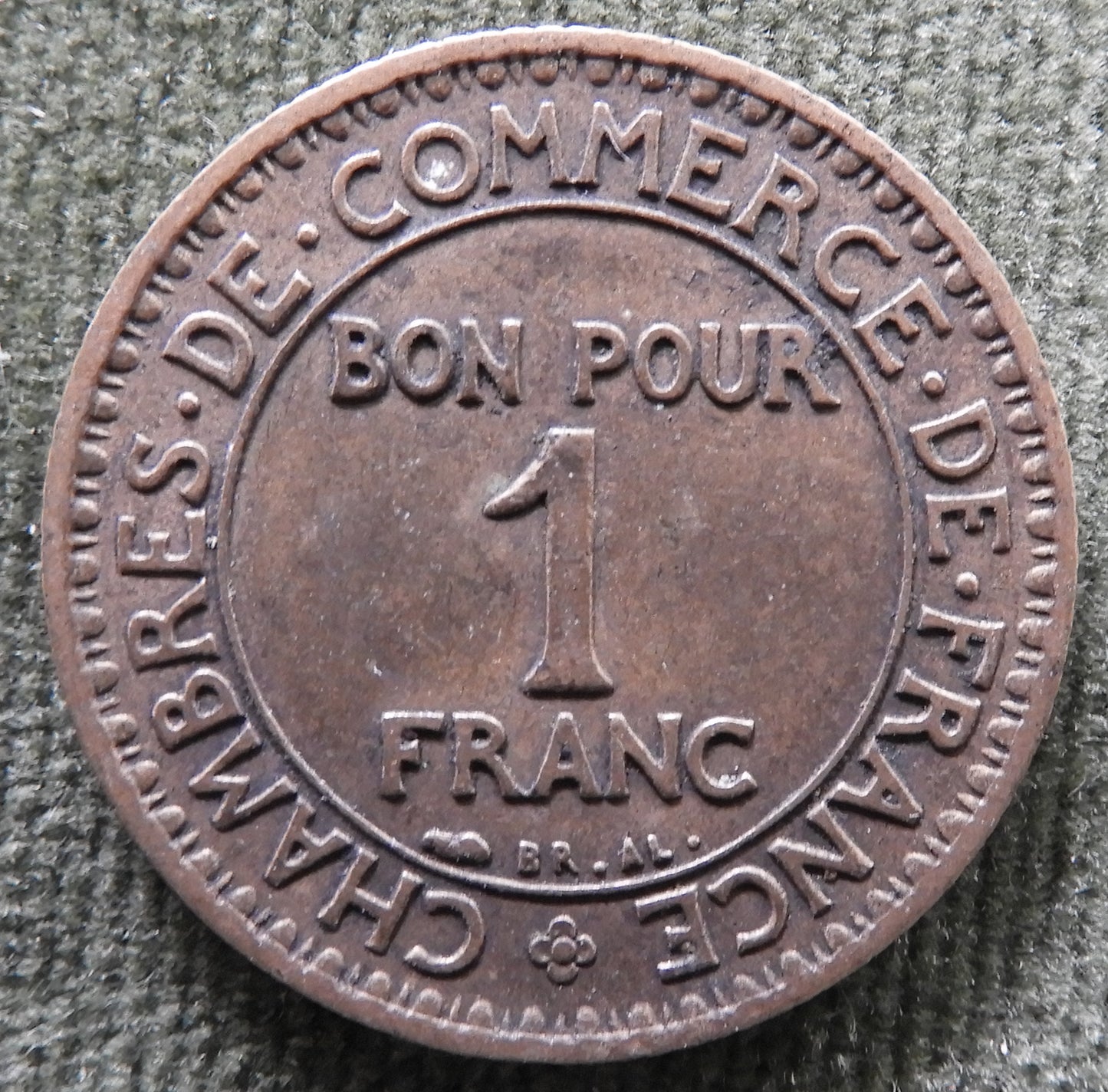 French 1923 1 One Franc Chamber Of Commerce Coin - Commerce Industrie Coin