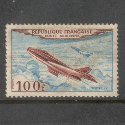 France 1954 100 Franc Mystere IV Airplane Light Blue Brown Airmail Stamp
