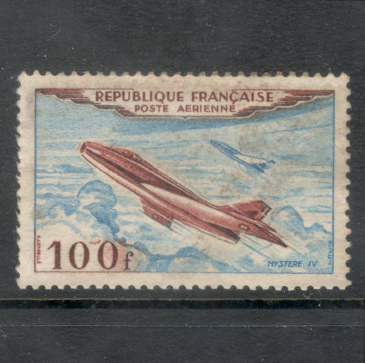 France 1954 100 Franc Mystere IV Airplane Light Blue Brown Airmail Stamp