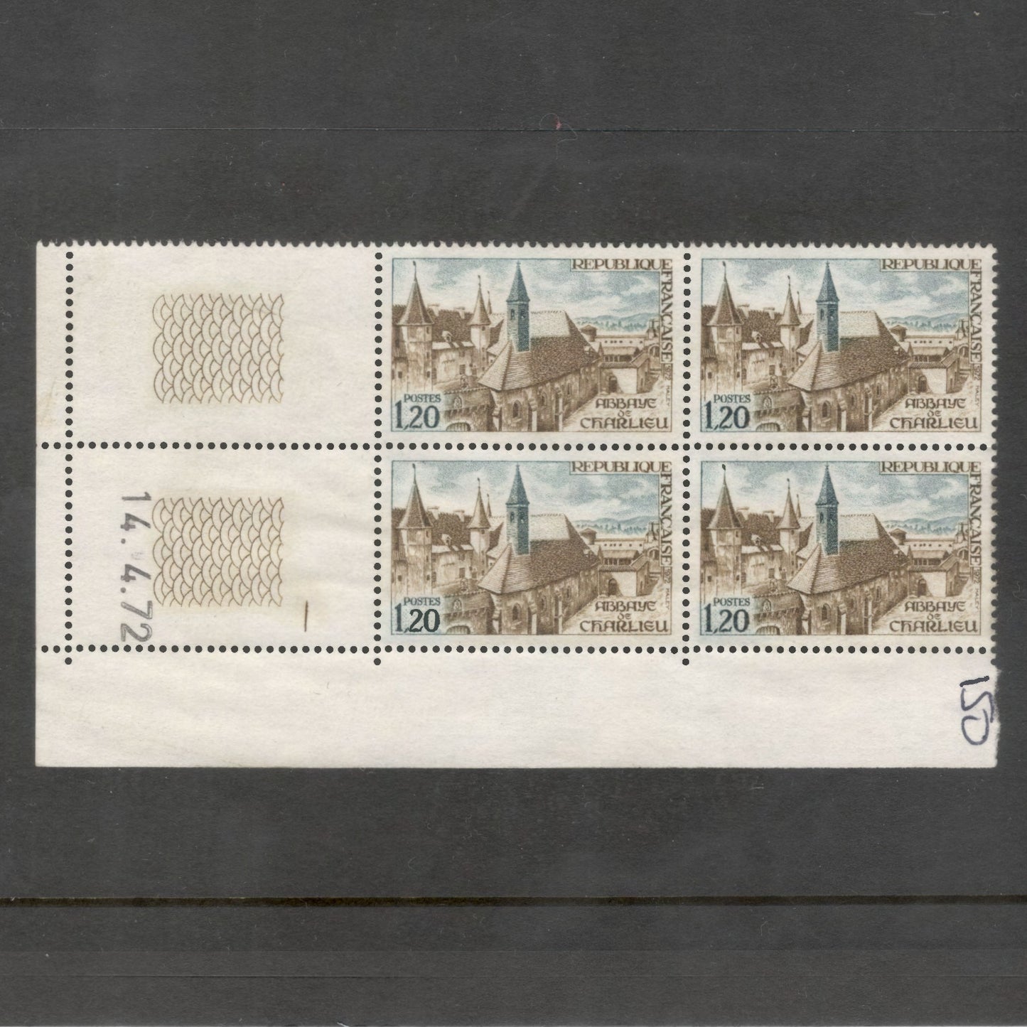 France 1972 1.20 Francs Abbeye de Charlieu Tourist Publicity Multicoloured Stamp Block