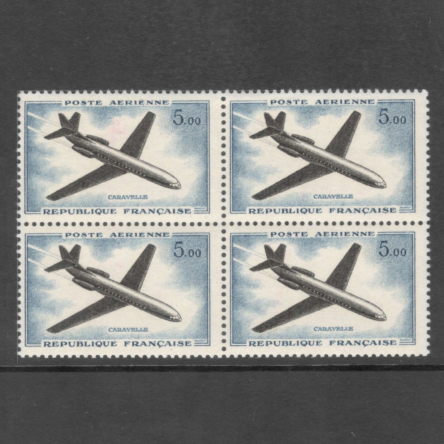 France 1960 5.00 Franc Caravelle Airplane Multicoloured Airmail Stamp Block