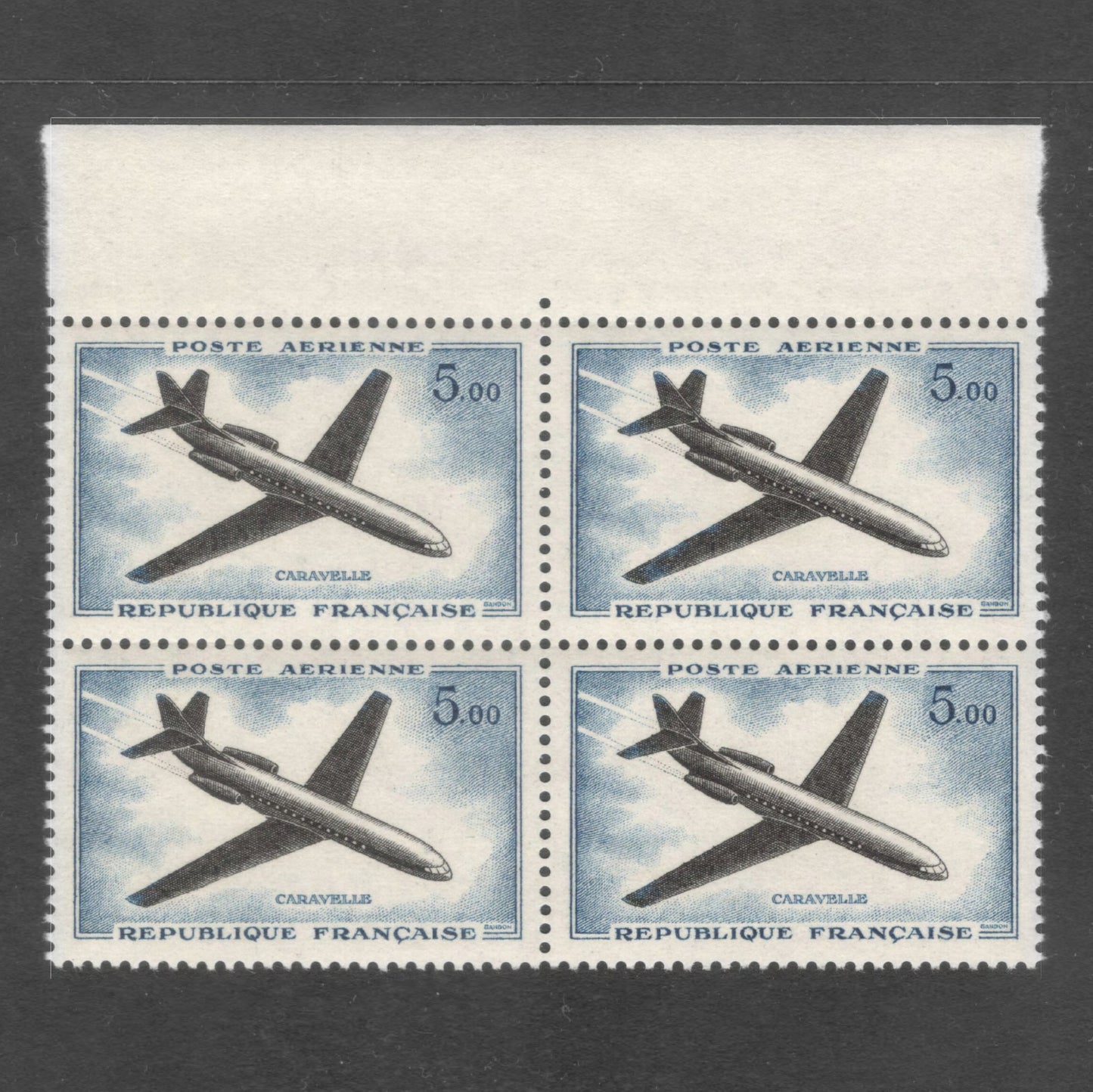France 1960 5.00 Franc Caravelle Airplane Multicoloured Airmail Stamp Block
